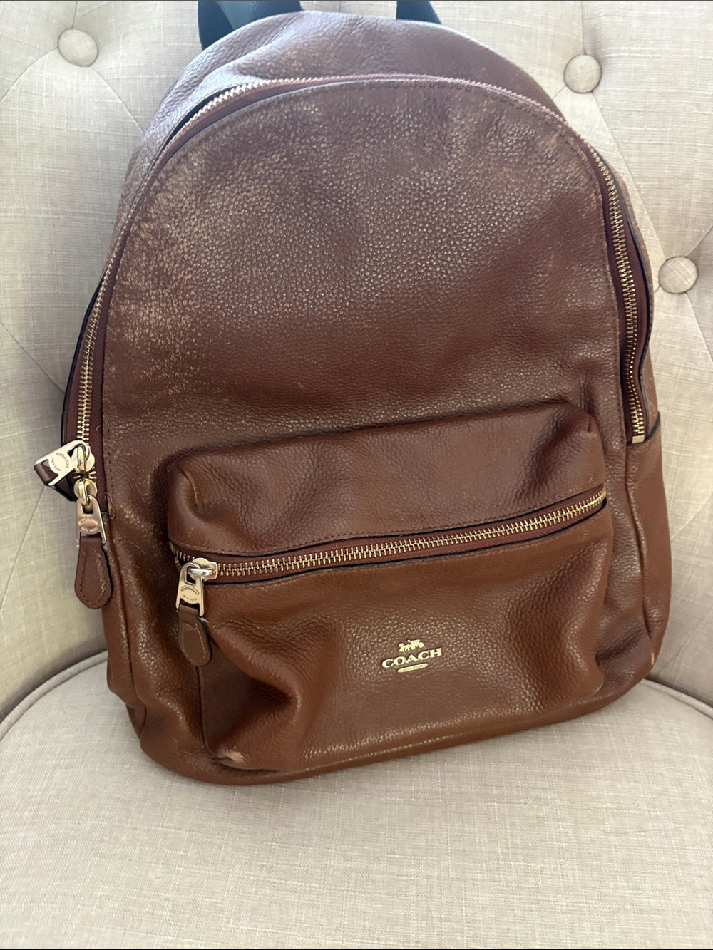 COACH Brown Pebbled Leather Backpack with Gold Hardware